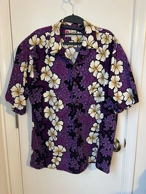 Hilo Hattie Purple and Cream Floral Hawaiian Button-Down Shirt